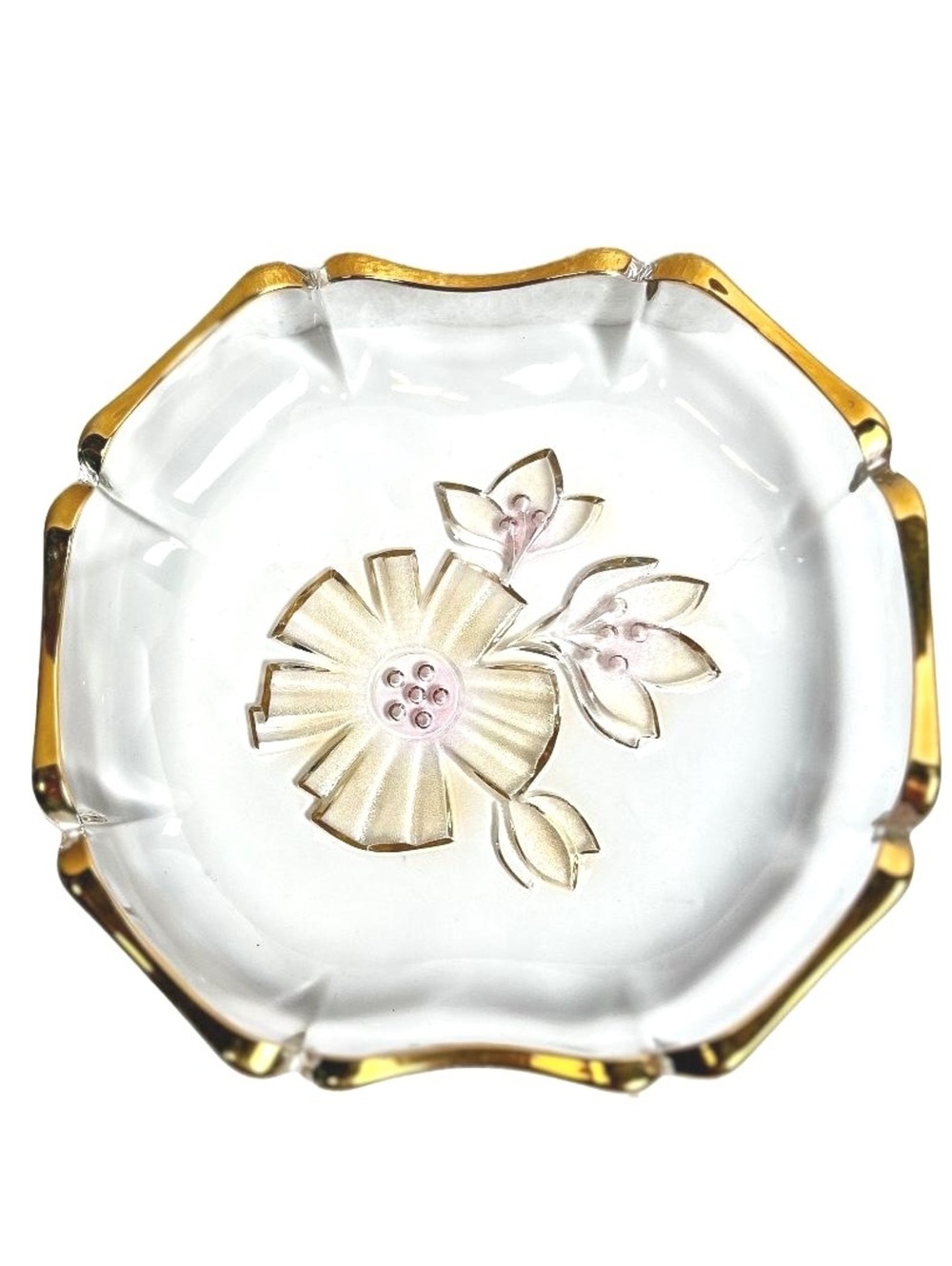Vintage Hand-Painted Floral Glass Trinket Dish – Scalloped Gold-Trimmed Bowl